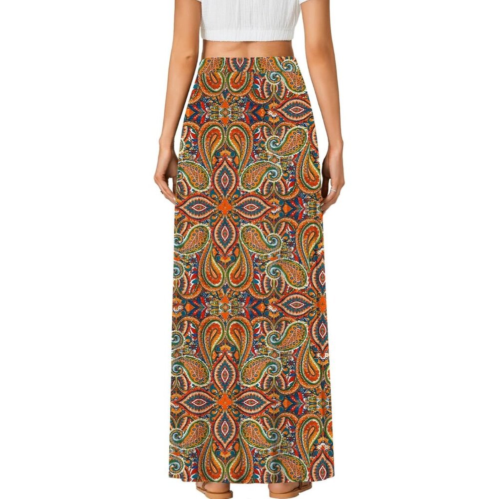 Women's Multicolor Orange High Waist Button Front A-Line Long Cozy Maxi Skirts - Picture 2 of 4
